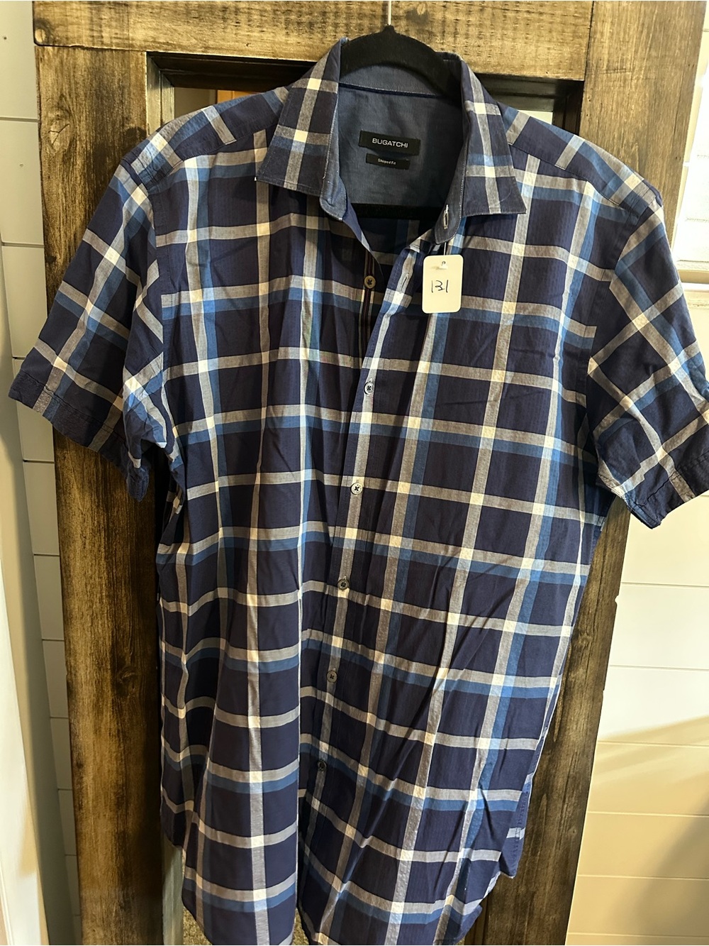Bugatchi Shaped Fit Men’s Blue Plaid Short Sleeve Button Front Shirt Size L